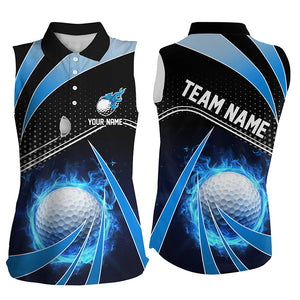 Black and Blue Fire golf ball custom Womens sleeveless polo shirt, personalized golf outfits for team NQS8302