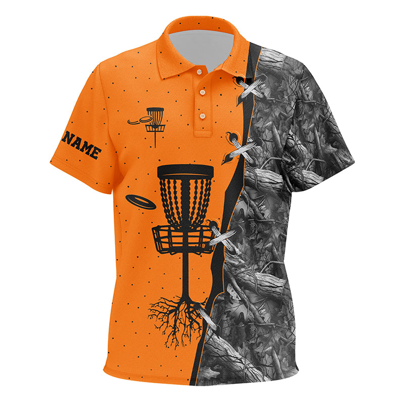 Kids golf polo shirts custom name black camo disc golf hole disc golf team shirt | Orange NQS6416