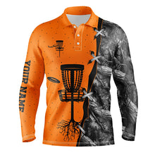 Load image into Gallery viewer, Mens disc golf polo shirt black camo disc golf hole custom disc golf team shirt | Orange NQS6416
