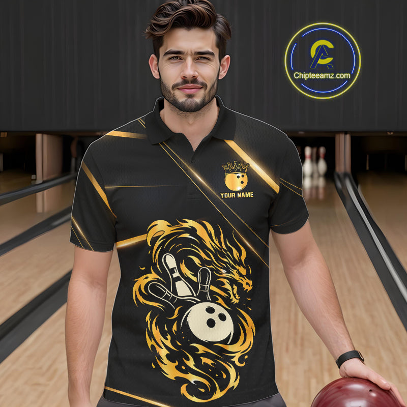 Black and Gold Flame Dragon Bowling Polo, Quarter Zip Shirt for Men Custom Bowling Team League Jersey NQS10904