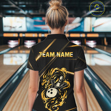 Load image into Gallery viewer, Black and Gold Flame Dragon Bowling Polo, 1/4 Zip Shirt for Women Custom Bowling Team League Jersey NQS10904