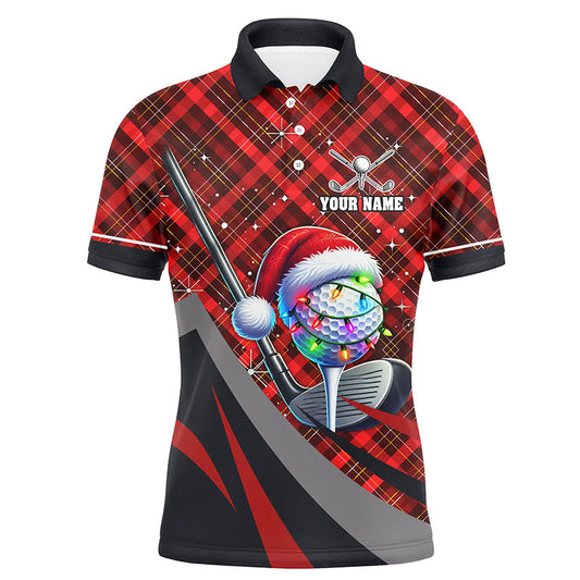 Red Plaid Christmas pattern Golf ball clubs Mens golf polo shirt custom Christmas golf outfits for men NQS8984