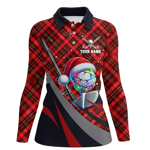 Red Plaid Christmas pattern Golf ball clubs Women golf polo shirt custom Christmas ladies golf outfits NQS8984