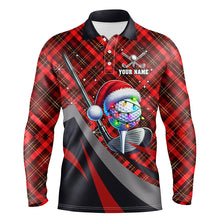 Load image into Gallery viewer, Red Plaid Christmas pattern Golf ball clubs Mens golf polo shirt custom Christmas golf outfits for men NQS8984