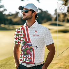 Load image into Gallery viewer, Funny Christmas Flamingo Mens golf polo shirt custom red, green and white argyle pattern golf shirts NQS11086