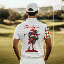 Load image into Gallery viewer, Funny Christmas Flamingo Mens golf polo shirt custom red, green and white argyle pattern golf shirts NQS11086