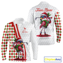 Load image into Gallery viewer, Funny Christmas Flamingo Mens golf polo shirt custom red, green and white argyle pattern golf shirts NQS11086