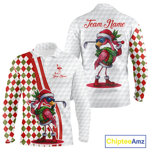 Funny Christmas Flamingo Mens golf polo shirt custom red, green and white argyle pattern golf shirts NQS11086