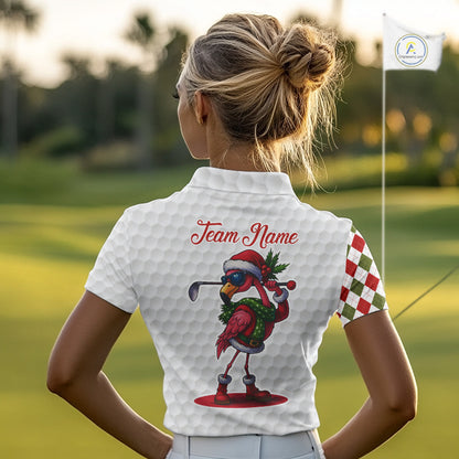 Funny Christmas Flamingo Women golf polo shirt custom red, green and white argyle pattern golf shirts NQS11086