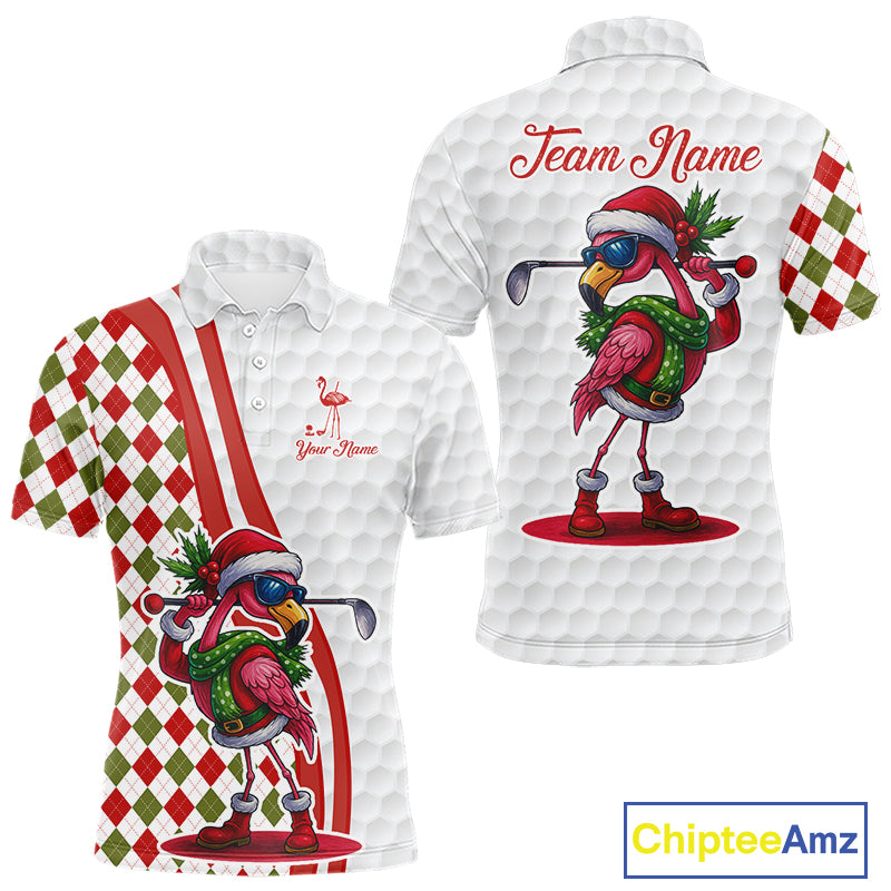 Funny Christmas Flamingo Mens golf polo shirt custom red, green and white argyle pattern golf shirts NQS11086