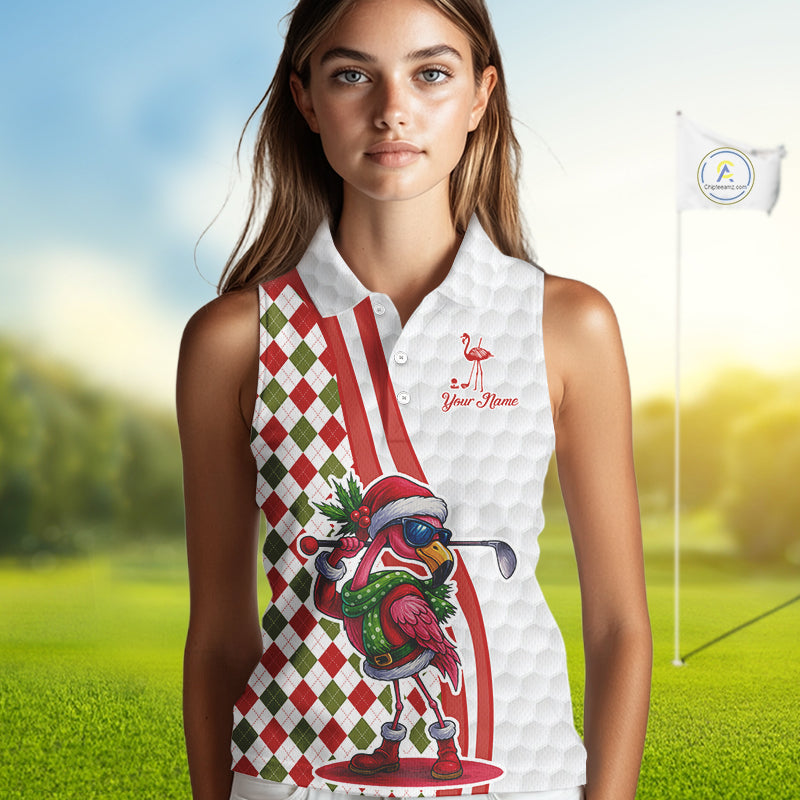 Funny Christmas Flamingo Women sleeveless polos custom red, green and white argyle pattern golf shirt NQS11086
