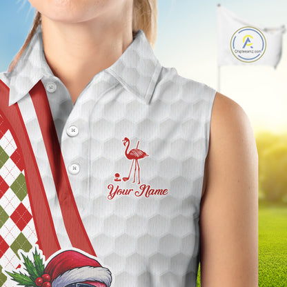 Funny Christmas Flamingo Women sleeveless polos custom red, green and white argyle pattern golf shirt NQS11086