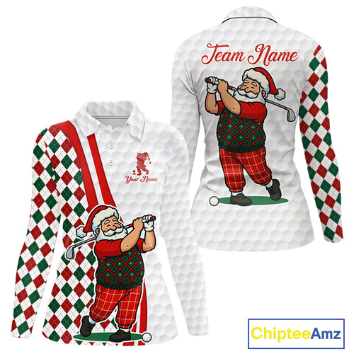 Funny Christmas Santa Golf polo shirt for Women custom red, green and white argyle pattern golf shirt NQS11089
