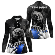Load image into Gallery viewer, Black Bear grunge pattern Custom Women Bowling Polo, 1/4 Zip Shirt Bowling Team Jerseys Outfits | Blue NQS9407