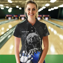 Load image into Gallery viewer, Black Bear grunge pattern Custom Women Bowling Polo, 1/4 Zip Shirt Bowling Team Jerseys Outfits | Blue NQS9407