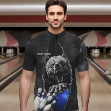 Load image into Gallery viewer, Black Bear grunge pattern Custom Men Bowling Polo, 1/4 Zip Shirts Bowling Team Jerseys Outfits | Blue NQS9407