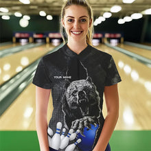 Load image into Gallery viewer, Black Bear grunge pattern Custom Women Bowling Polo, 1/4 Zip Shirt Bowling Team Jerseys Outfits | Blue NQS9407