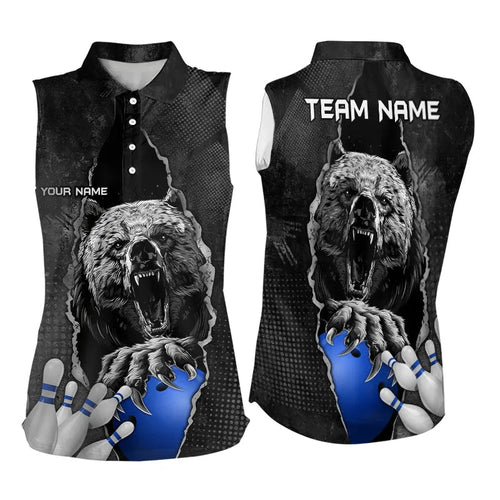 Black Bear grunge pattern Custom Womens Sleeveless Polo Shirts Bowling Team Jerseys Outfits | Blue NQS9407