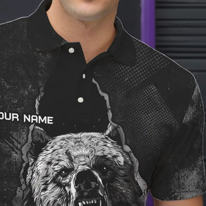 Black Bear grunge pattern Custom Men Bowling Polo, 1/4 Zip Shirts Bowling Team Jerseys Outfits | Green NQS9408