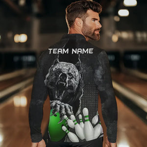 Black Bear grunge pattern Custom Men Bowling Polo, 1/4 Zip Shirts Bowling Team Jerseys Outfits | Green NQS9408