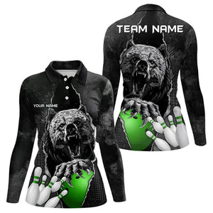 Black Bear grunge pattern Custom Women Bowling Polo, 1/4 Zip Shirt Bowling Team Jersey Outfits | Green NQS9408