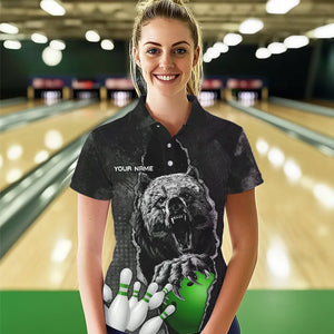 Black Bear grunge pattern Custom Women Bowling Polo, 1/4 Zip Shirt Bowling Team Jersey Outfits | Green NQS9408