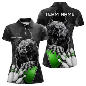 Black Bear grunge pattern Custom Women Bowling Polo, 1/4 Zip Shirt Bowling Team Jersey Outfits | Green NQS9408