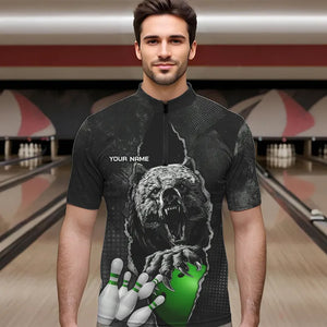 Black Bear grunge pattern Custom Men Bowling Polo, 1/4 Zip Shirts Bowling Team Jerseys Outfits | Green NQS9408