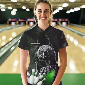 Black Bear grunge pattern Custom Women Bowling Polo, 1/4 Zip Shirt Bowling Team Jersey Outfits | Green NQS9408