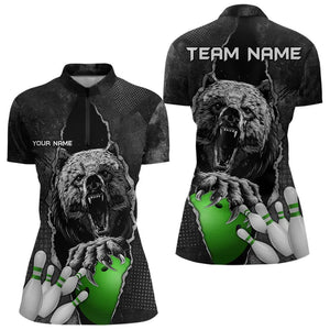 Black Bear grunge pattern Custom Women Bowling Polo, 1/4 Zip Shirt Bowling Team Jersey Outfits | Green NQS9408