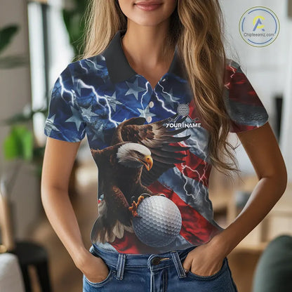 American Flag Eagle Lightning Thunder Golf Polo Shirts For Women Custom Patriotic Golf Team Jerseys NQS11503