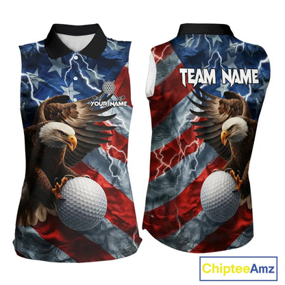American Flag Eagle Lightning Thunder Sleeveless Golf Polo Shirts Custom Patriotic Golf Team Jerseys NQS11503