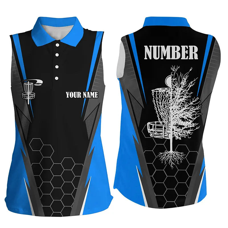 Womens disc golf sleeveless polo shirt custom frisbee golf shirt, disc basket gifts | Blue NQS7496