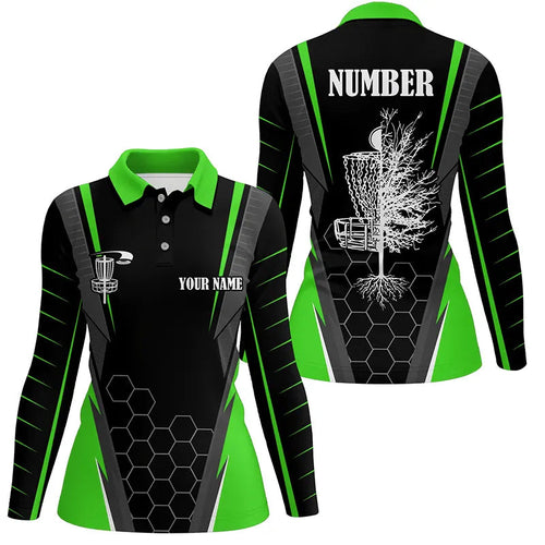 Womens disc golf polo shirt custom name disc golf shirt, disc basket golf gifts for ladies | Green NQS7497