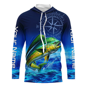 Personalized Mahi mahi Saltwater Blue Long Sleeve Performance Fishing Shirts, Dorado tournament Shirt NQS5785