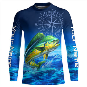 Personalized Mahi mahi Saltwater Blue Long Sleeve Performance Fishing Shirts, Dorado tournament Shirt NQS5785