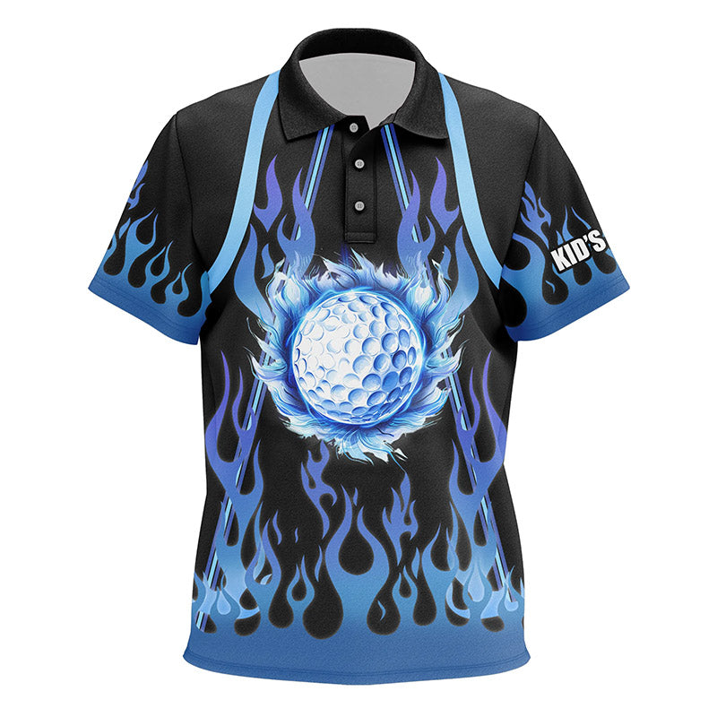 Kid golf polo shirts custom black and blue flame golf ball golf outfits for Kid NQS7867