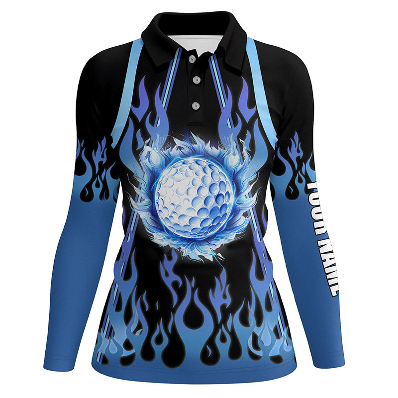 Women golf polo shirts custom black and blue flame golf ball golf outfits for ladies NQS7867