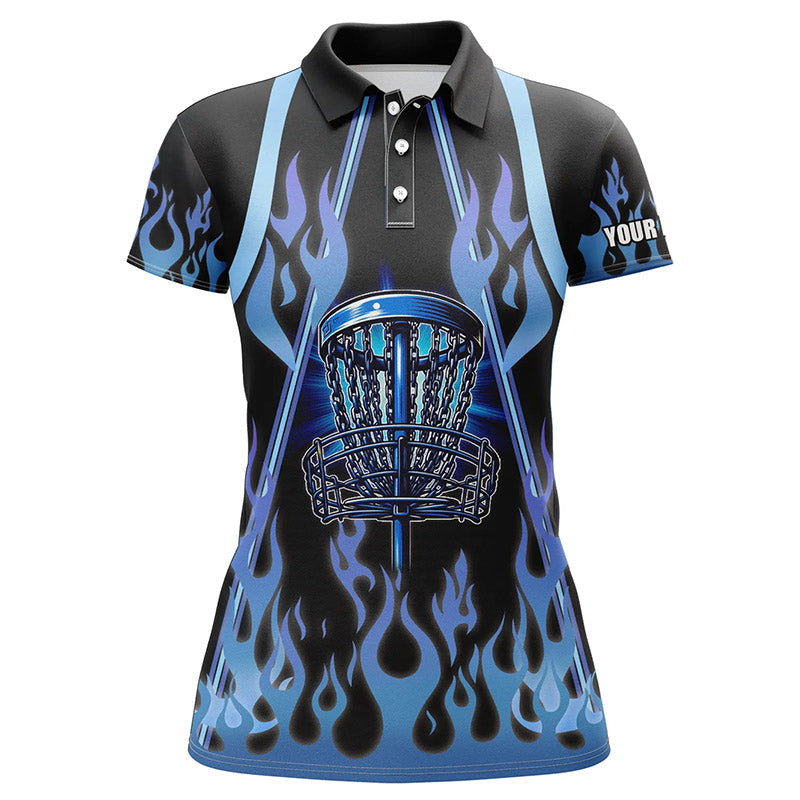 Women disc golf polo shirts blue flame disc golf basket custom disc golf jerseys NQS7868