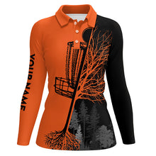 Load image into Gallery viewer, Womens disc golf polo shirts custom black and orange disc golf basket, Halloween disc golf shirts NQS6177