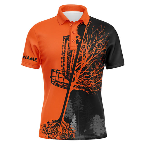 Mens disc golf polo shirt custom name black and orange disc golf basket, personalized disc golf shirts NQS6177