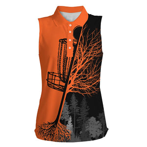 Womens sleeveless disc golf polo shirts black orange disc golf basket, Halloween disc golf shirts NQS6177