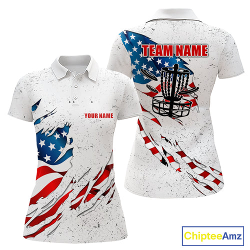 White Grunge American Flag Disc golf polo shirts For Women Custom patriotic Team disc golf outfits NQS10915