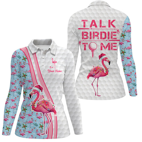 Funny Womens golf polo shirt custom pink flamingo blue Christmas golf shirts talk birdie to me NQS8992