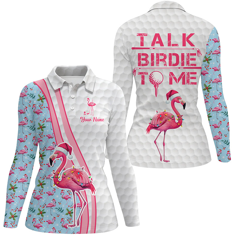 Funny Womens golf polo shirt custom pink flamingo blue Christmas golf shirts talk birdie to me NQS8992