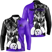 Load image into Gallery viewer, Black and Purple Wolf Bowling Polo, Quarter Zip Shirts For Men Custom Bowling Team League Jerseys NQS8993