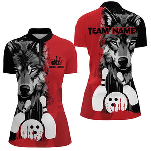 Black and Red Wolf Bowling Polo, Quarter Zip Shirts For Women Custom Bowling Team League Jerseys NQS8994