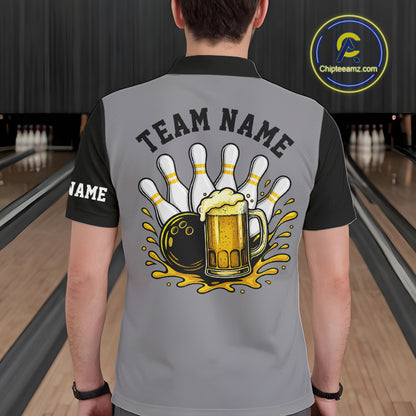 Black & Yellow argyle pattern retro Bowling Shirts For Men Custom Bowling and Beer Team Jersey | Gray NQS11095
