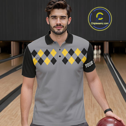 Black & Yellow argyle pattern retro Bowling Shirts For Men Custom Bowling and Beer Team Jersey | Gray NQS11095