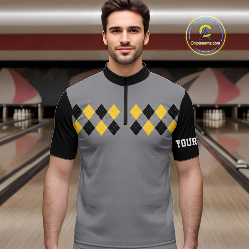 Black & Yellow argyle pattern retro Bowling Shirts For Men Custom Bowling and Beer Team Jersey | Gray NQS11095